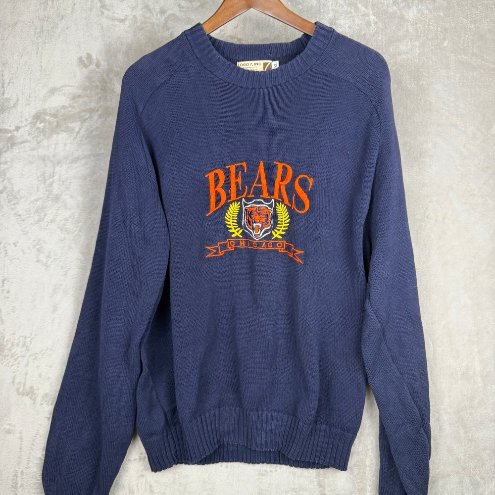 Vintage Logo 7 Chicago Bears Sweater Mens XL Navy Blue Knit NFL Made‎ in USA